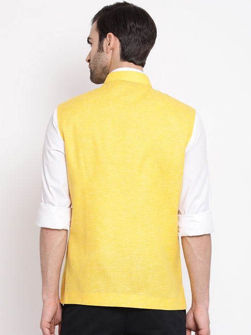 Men's Yellow Solid Classic Royal Cotton Blend Nehru Jacket